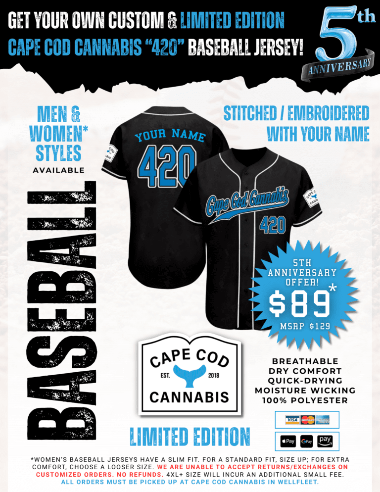Get your own custom & limited edition Cape Cod Cannabis 5th Anniversary “420” baseball jersey today!
