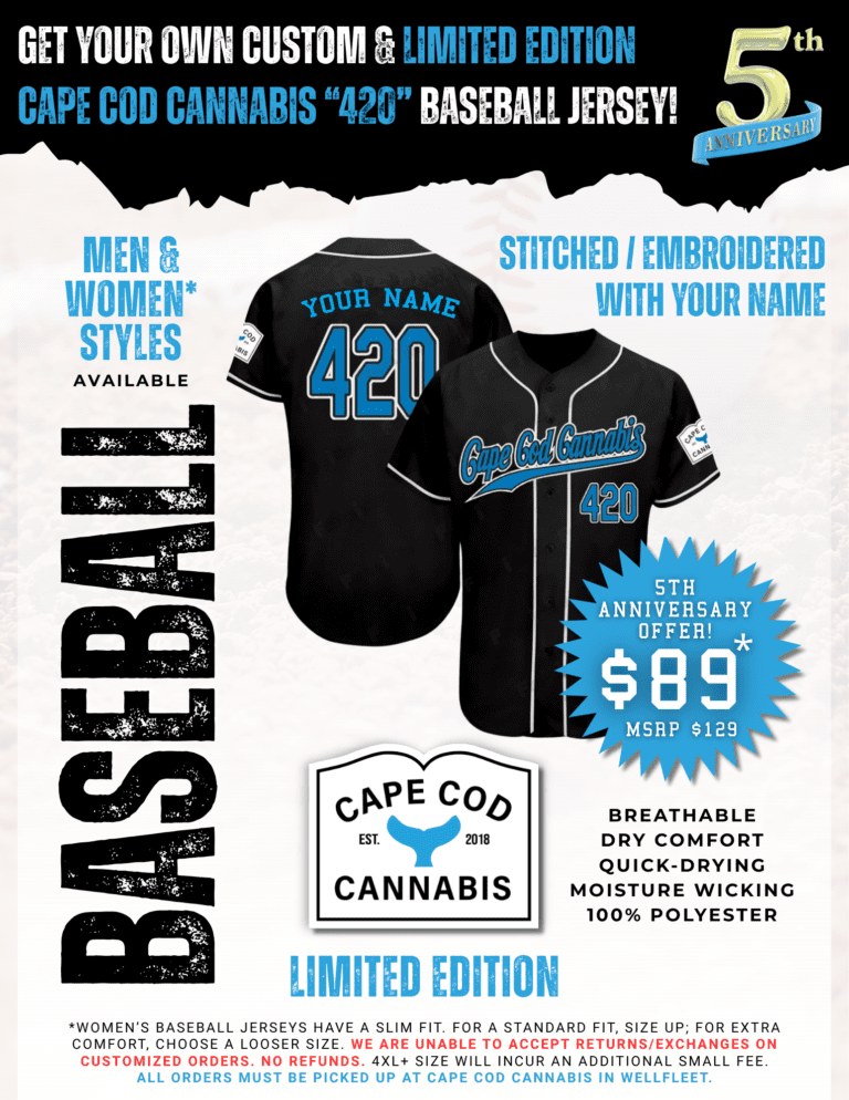 Get your own custom & limited edition Cape Cod Cannabis 5th Anniversary “420” baseball jersey today!