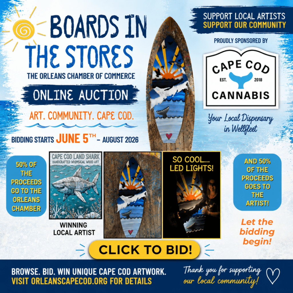 Boards in the Stores 2026 is back! Online auction starts June 5th - August 2026. Cape Cod Cannabis in Wellfleet is a proud sponsor!
